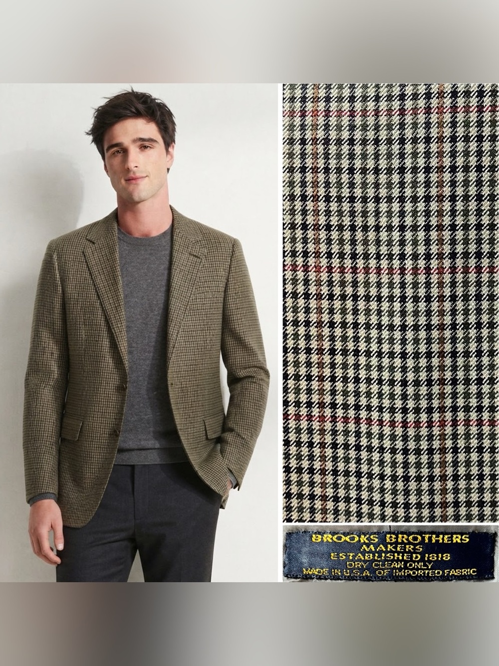 Vintage Brooks Brothers Men's 42L Beige Houndstooth Red Plaid Wool Blazer Jacket